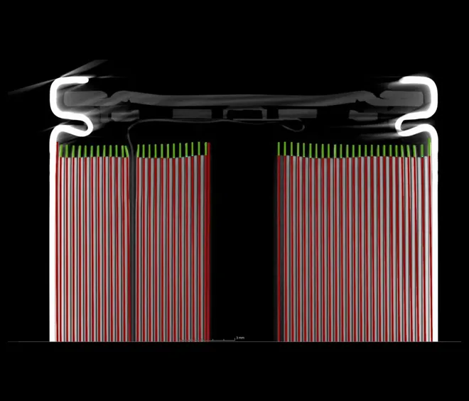 CT view of electrode overhang in a prismatic battery cell