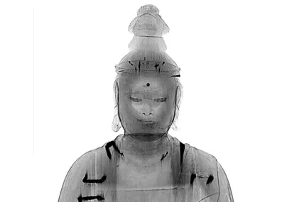 X-ray image of a wooden sculpture showing metal fixings