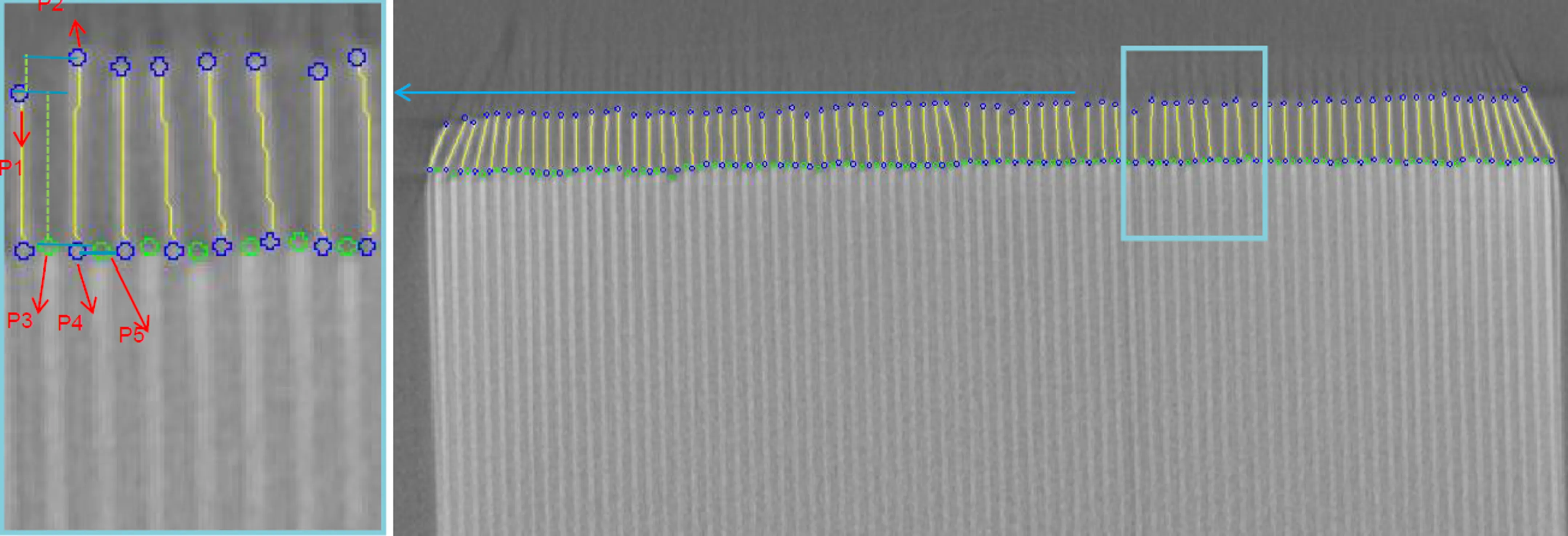 CT image of a prismatic cell with electrode overhang classified and measurement overlay