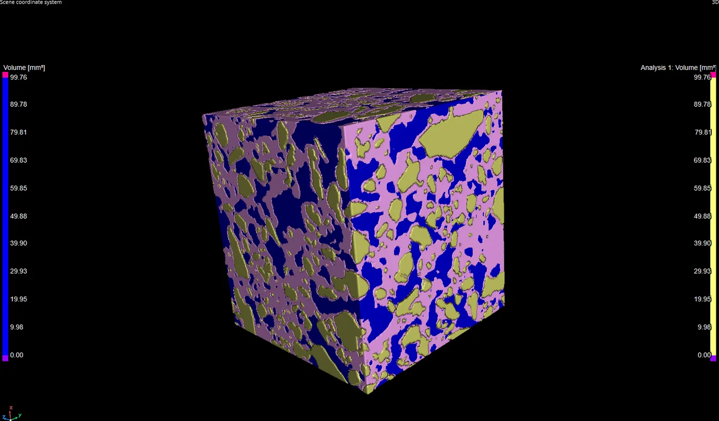 CT volume of a material specimen with segmented phases