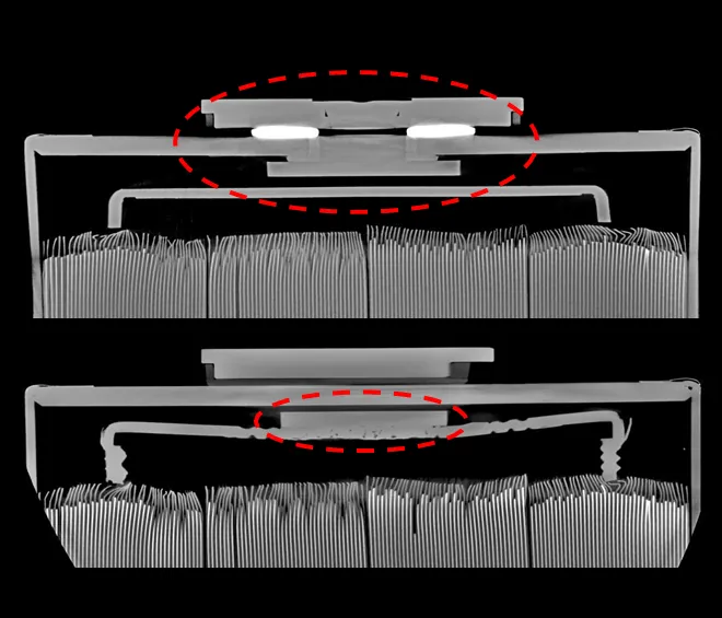 X-ray image of a battery module with glue-line areas marked