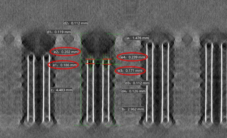 CT cross-section of a back-drilled via with stub and via measurements