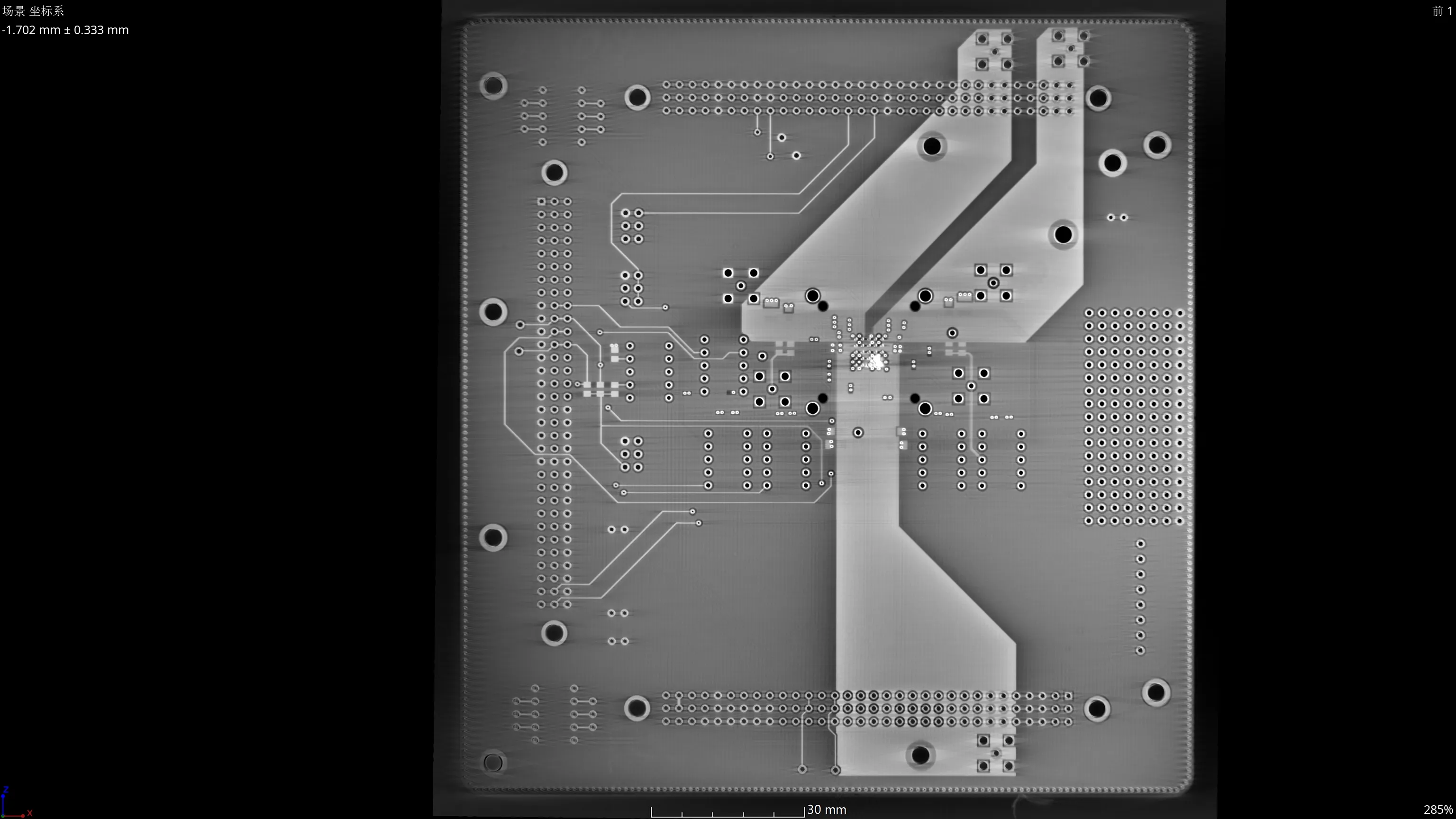 2D X-ray image of a printed circuit board showing traces, vias, copper planes and the solder-joint grid