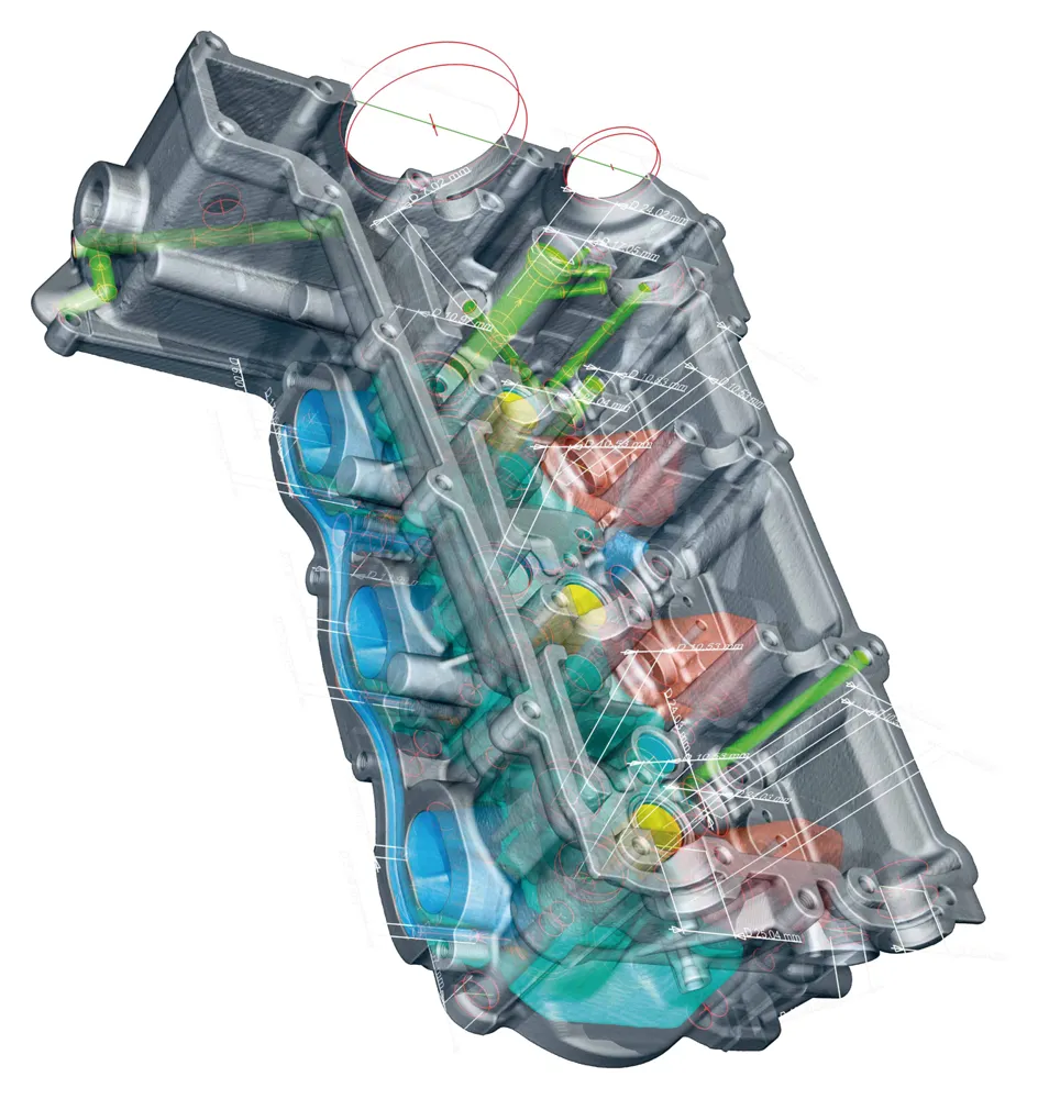 CT volume of a cast housing with bores and internal channels measured