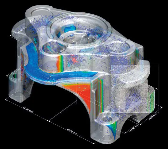 CT volume of a cast bracket with porosity and wall thickness colour-coded