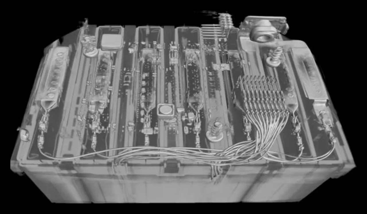 CT volume of a battery pack showing cells, wiring and electronics